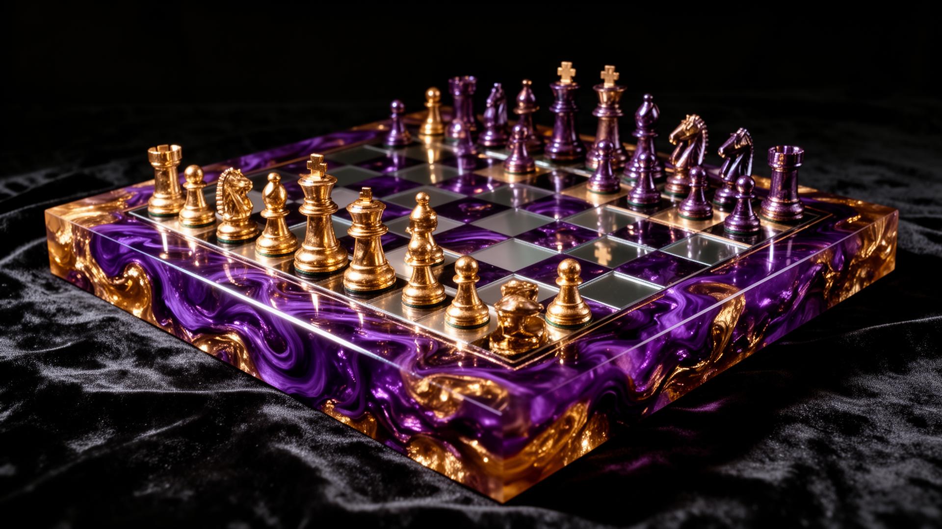 Custom resin chess board in deep purple and gold